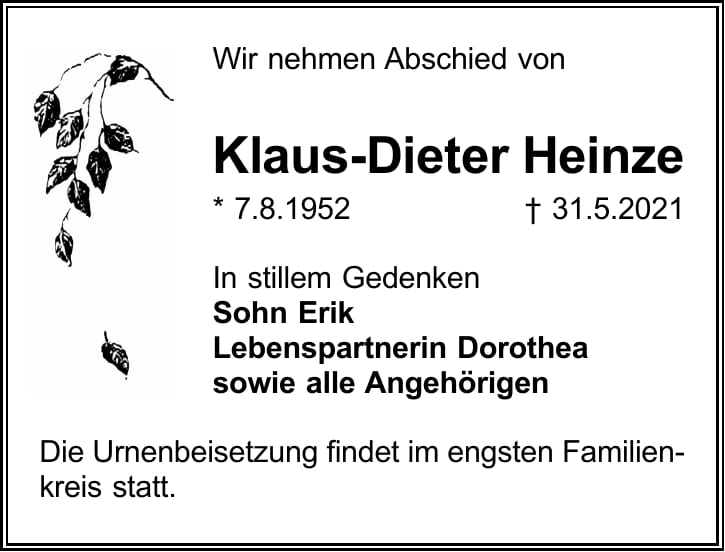 Traueranzeige Klaus-Dieter Heinze