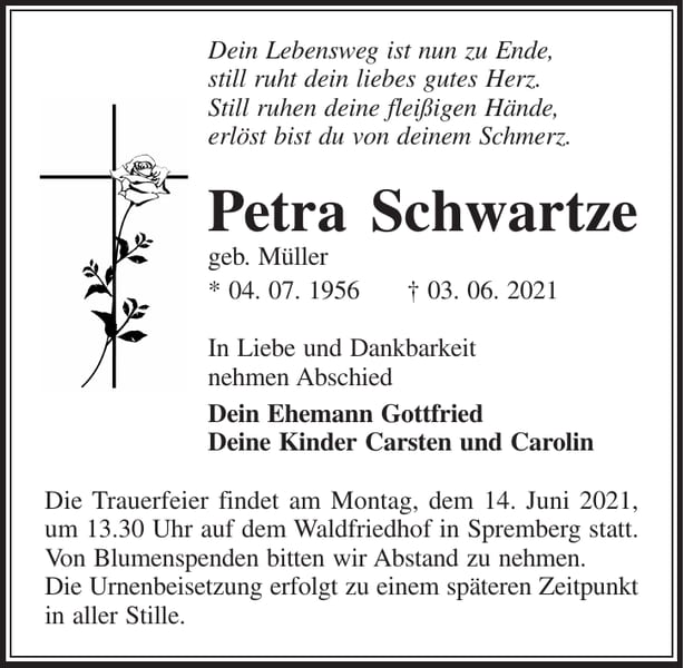 Traueranzeige Petra Schwartze, geb. Müller
