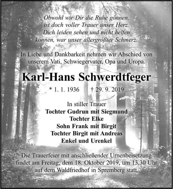 Traueranzeige Karl-Hans Schwerdtfeger