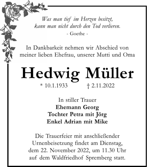 Traueranzeige Hedwig Müller