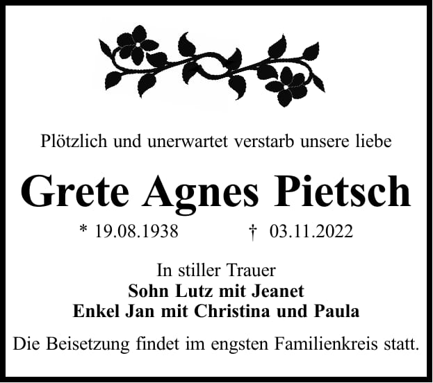 Traueranzeige Grete Agnes Pietsch