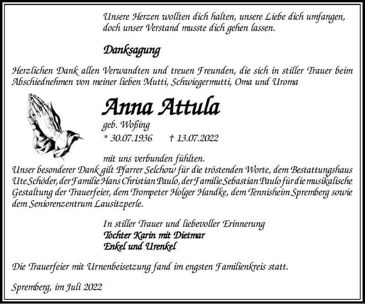 Danksagung Anna Attula, geb. Woßing