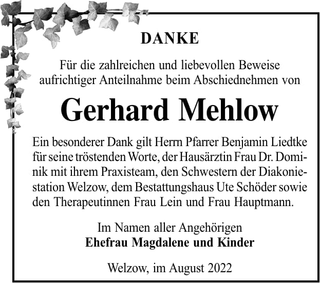 Danksagung Gerhard Mehlow