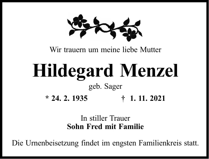 Traueranzeige Hildegard Menzel, geb. Sager