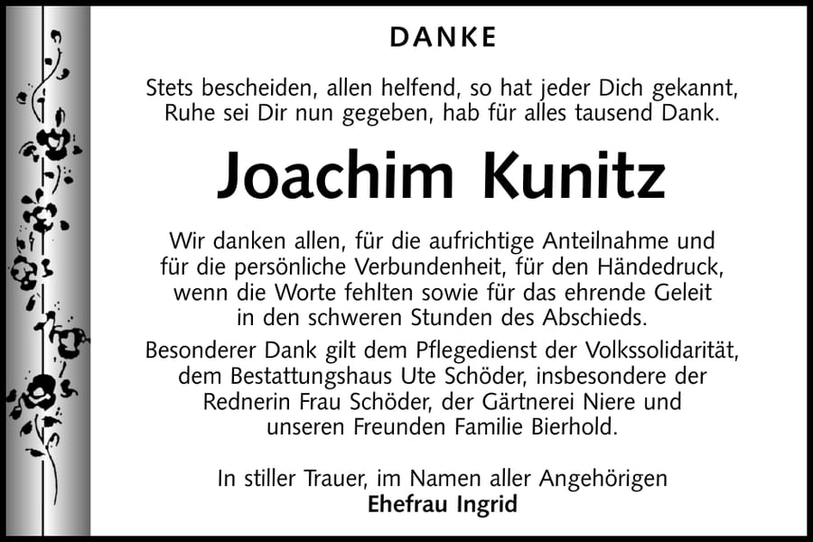 Danksagung Joachim Kunitz
