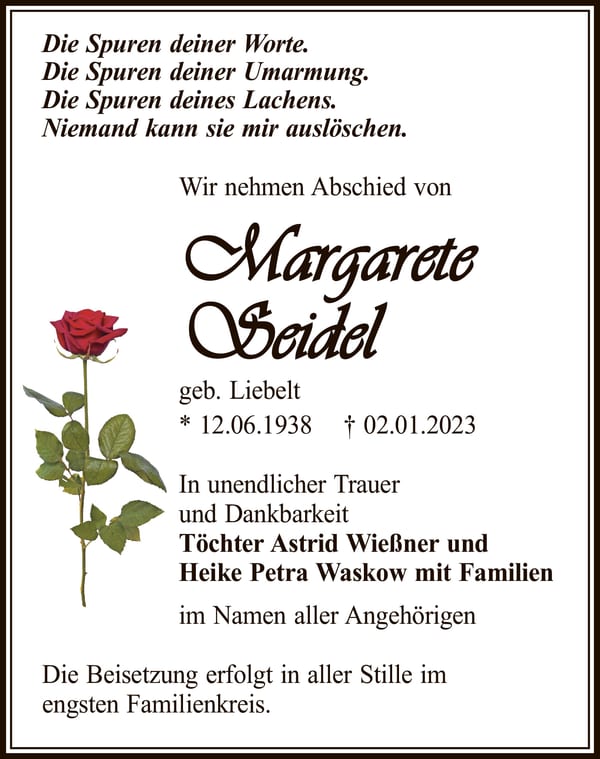 Traueranzeige Margarete Seidel, geb. Liebelt