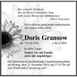 Traueranzeige Doris Gransow