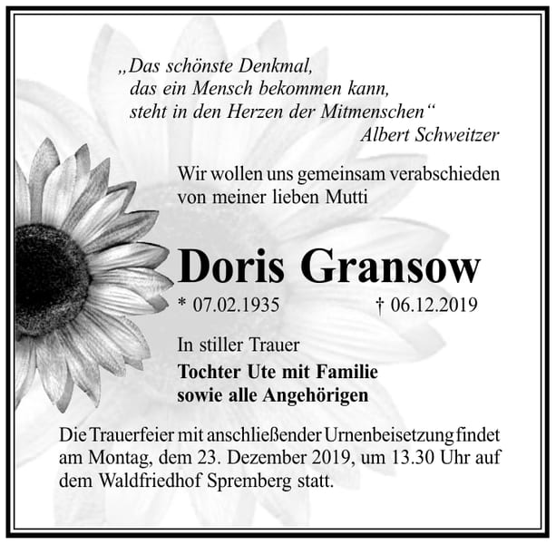 Traueranzeige Doris Gransow