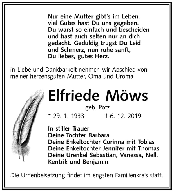 Traueranzeige Elfriede Möws, geb. Potz