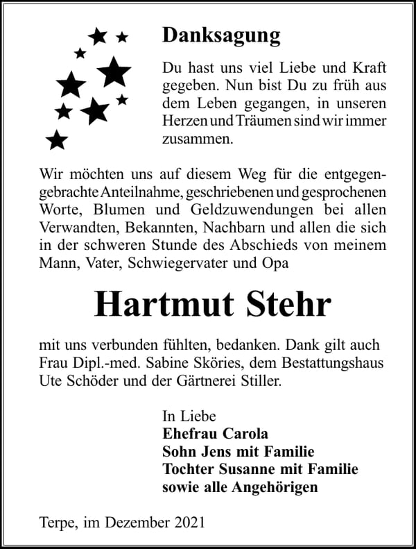 Danksagung Hartmut Stehr