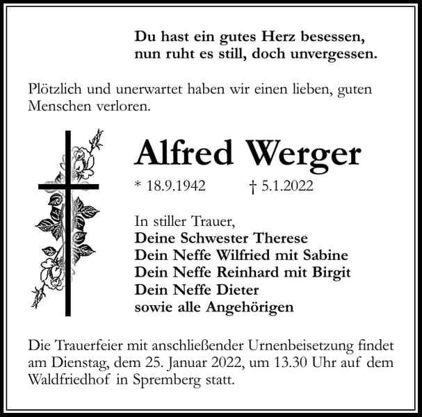 Traueranzeige Alfred Werger