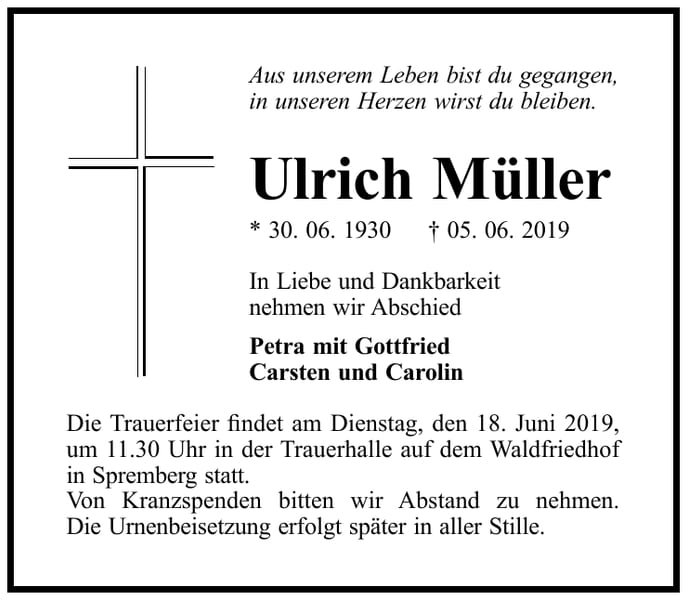 Traueranzeige Ulrich Müller