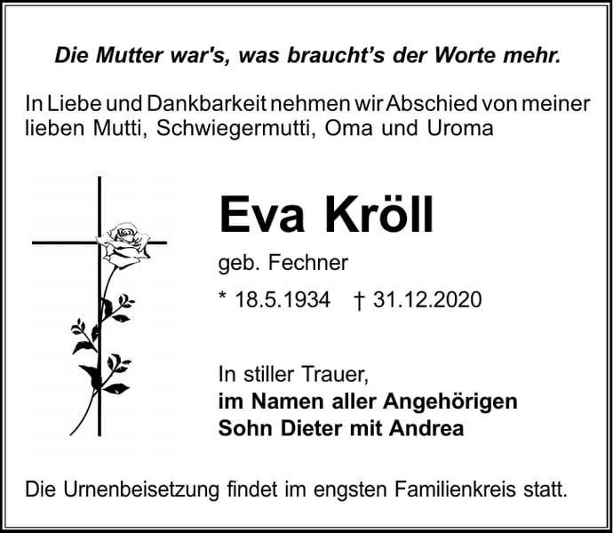 Traueranzeige Eva Kröll, geb. Fechner