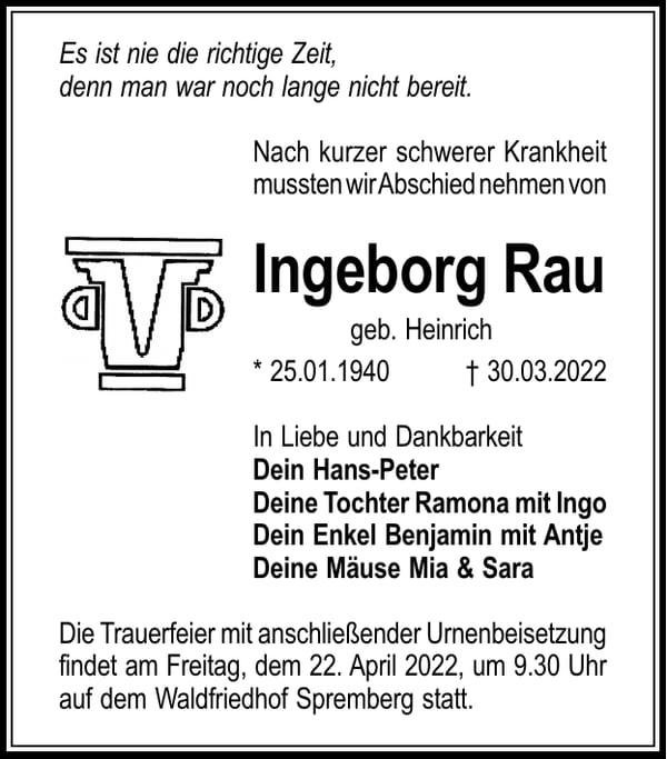 Traueranzeige Ingeborg Rau, geb. Heinrich