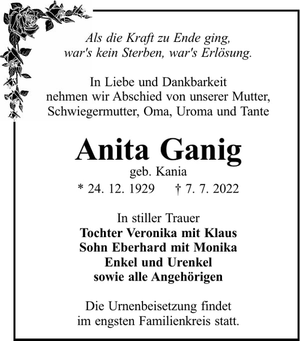 Traueranzeige Anita Ganig, geb. Kania