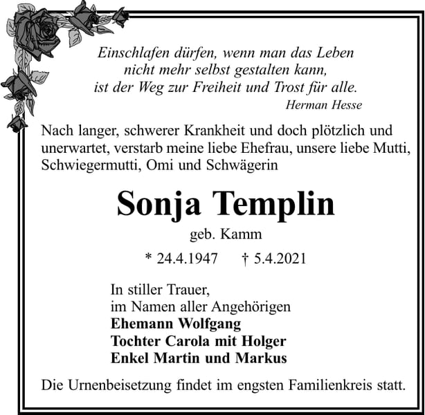 Traueranzeige Sonja Templin, geb. Kamm
