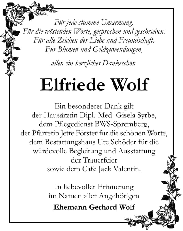 Danksagung Elfriede Wolf