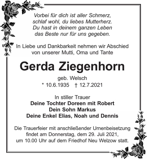 Traueranzeige Gerda Ziegenhorn, geb. Welsch