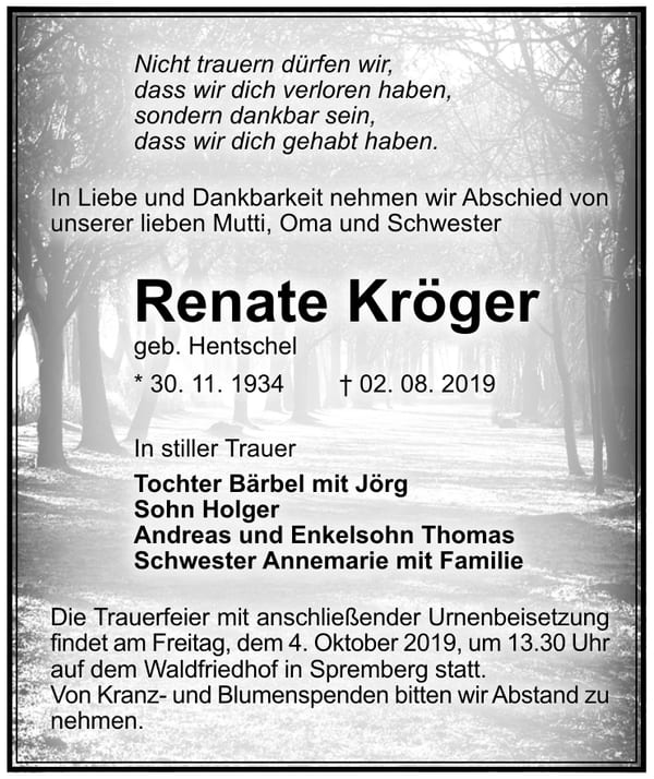 Traueranzeige Renate Kröger, geb. Hentschel
