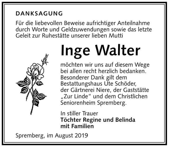 Danksagung Inge Walter