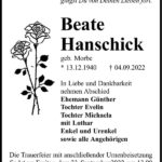 Traueranzeige Beate Hanschick, geb. Morbe