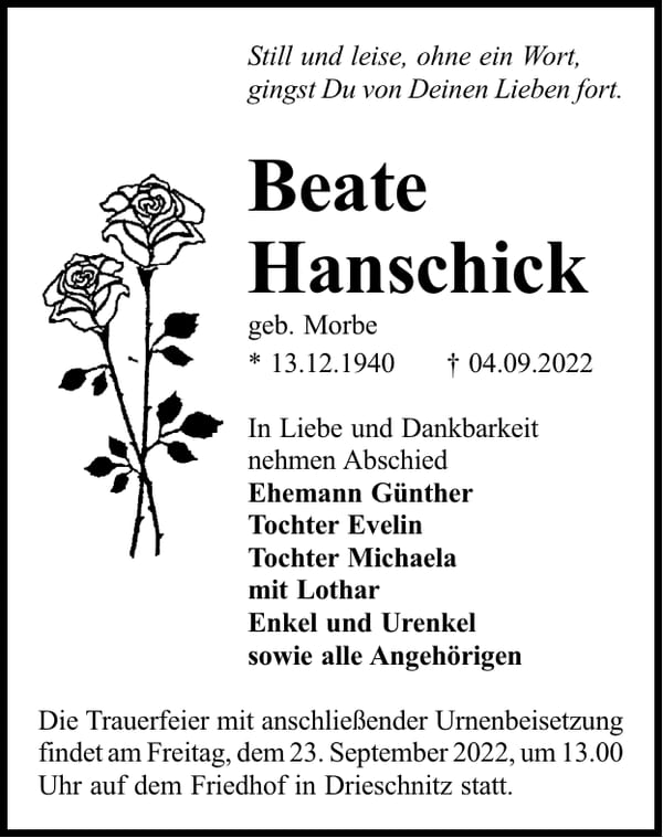 Traueranzeige Beate Hanschick, geb. Morbe