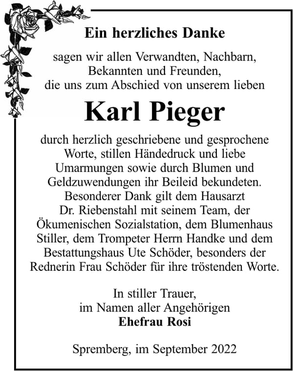 Danksagung Karl Pieger