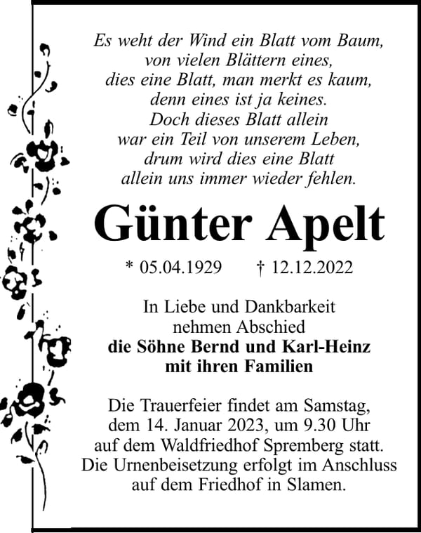 Traueranzeige Günter Apelt