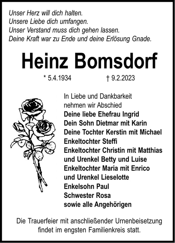 Traueranzeige Heinz Bomsdorf