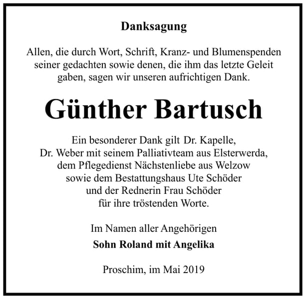 Danksagung Günther Bartusch