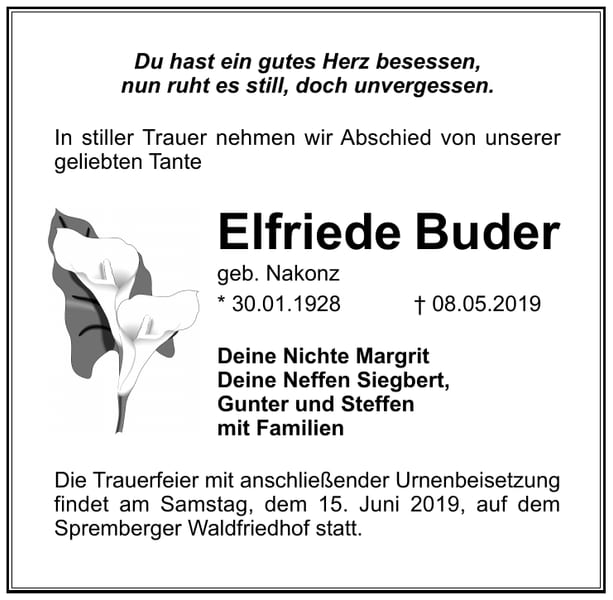 Traueranzeige Elfriede Buder, geb. Nakonz