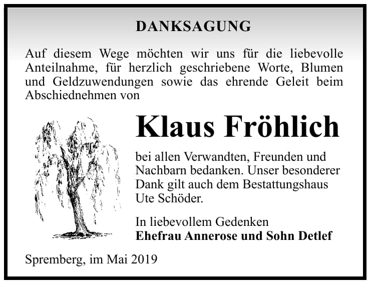Danksagung Klaus Fröhlich