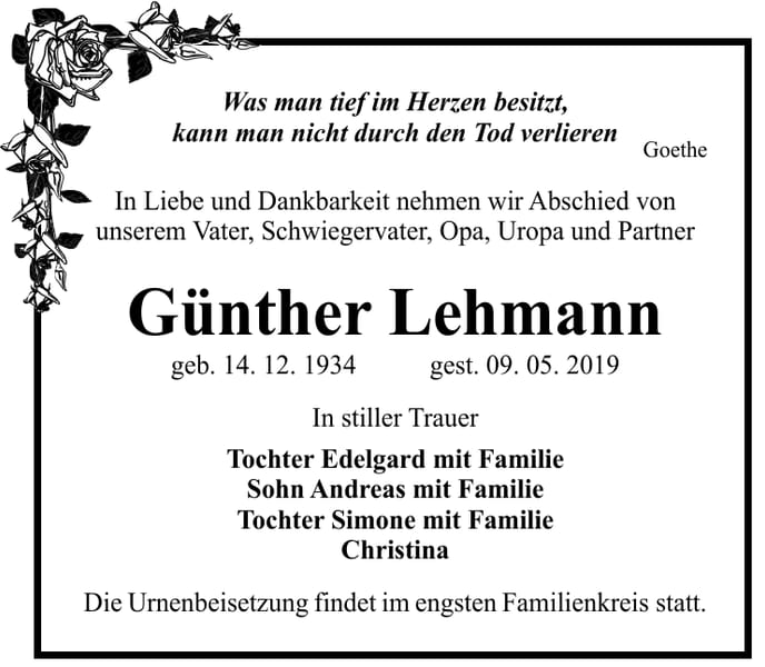 Traueranzeige Günther Lehmann
