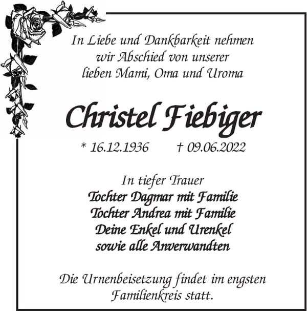 Traueranzeige Christel Fiebiger