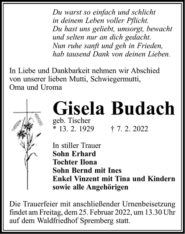 Traueranzeige Gisela Budach, geb. Tischer