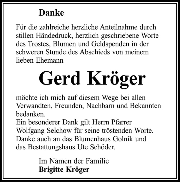 Danksagung Gerd Kröger