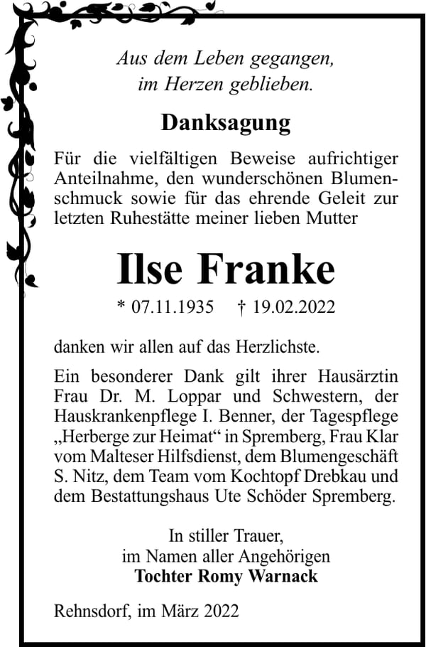 Danksagung Ilse Franke