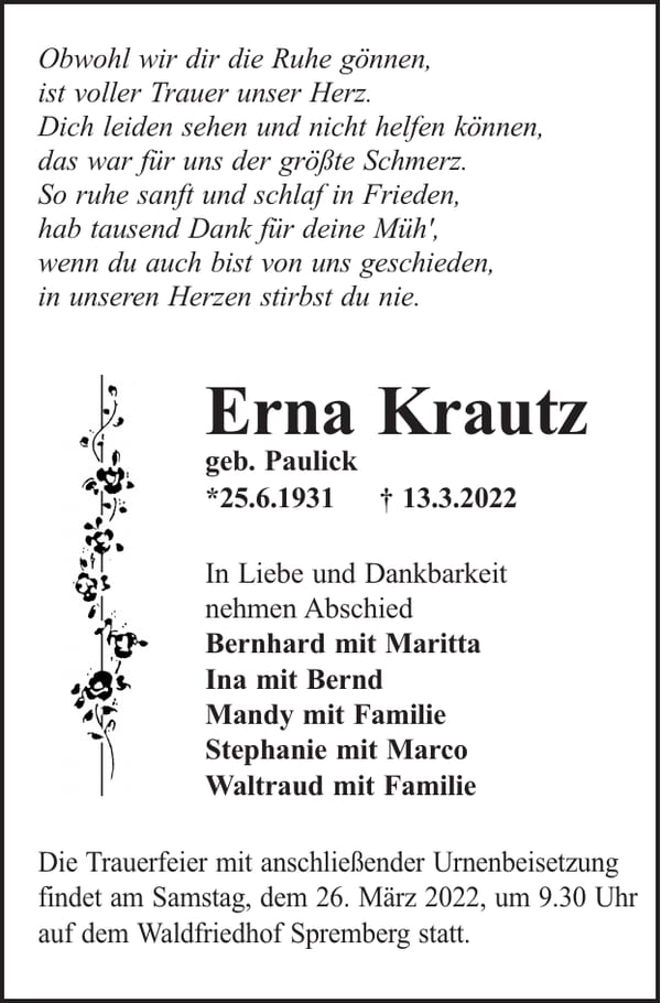 Traueranzeige Erna Krautz, geb. Paulick