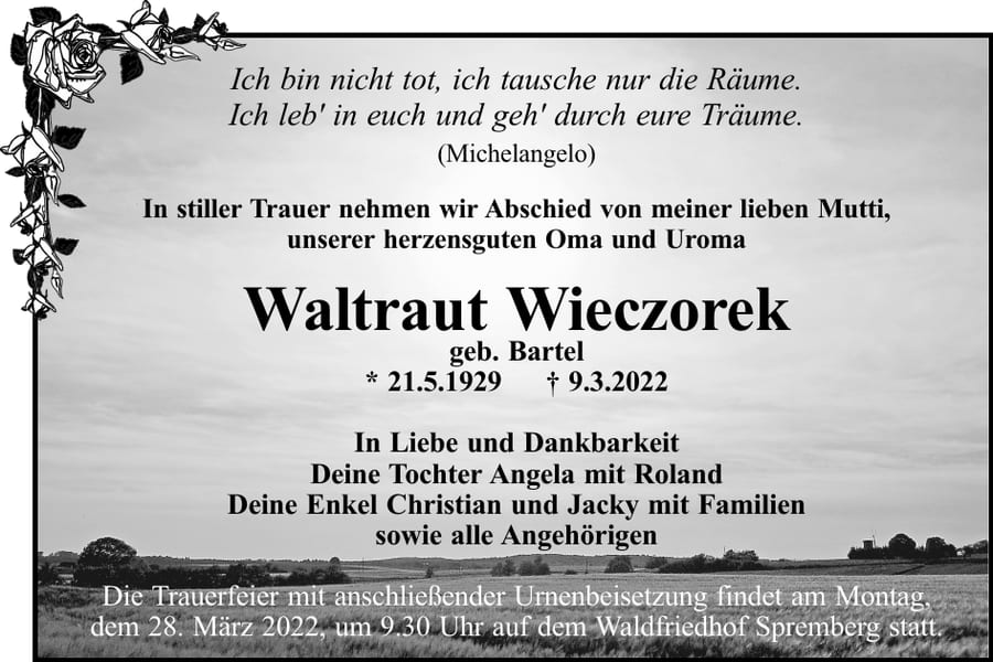Traueranzeige Waltraut Wieczorek, geb. Bartel