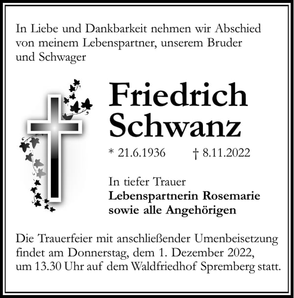 Traueranzeige Friedrich Schwanz