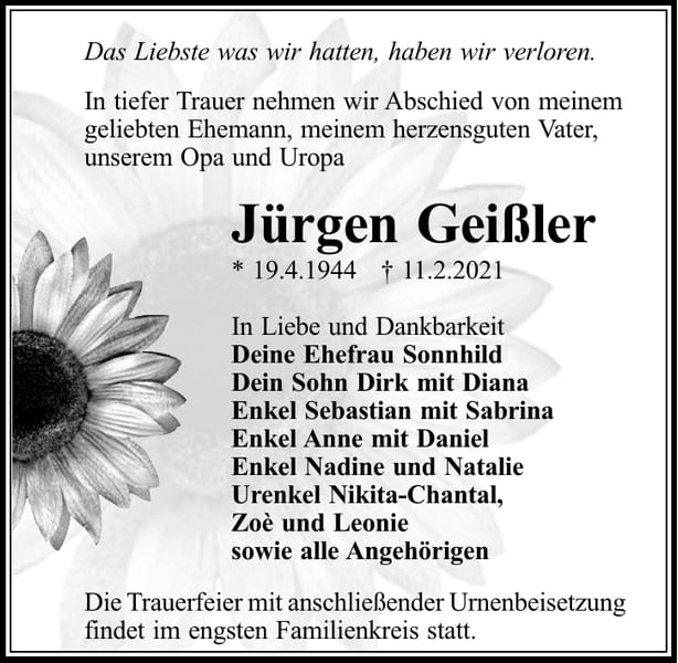 Traueranzeige Jürgen Geißler