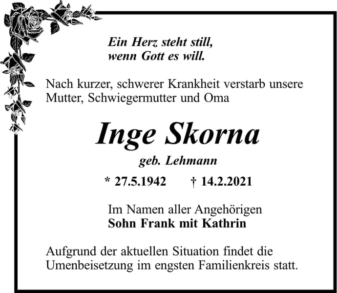 Traueranzeige Inge Skorna, geb. Lehmann