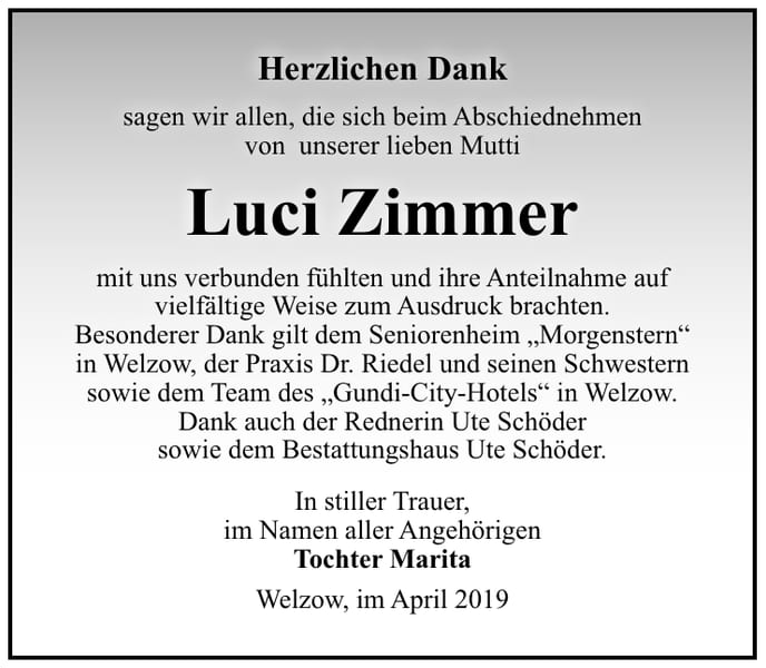 Traueranzeige Luci Zimmer