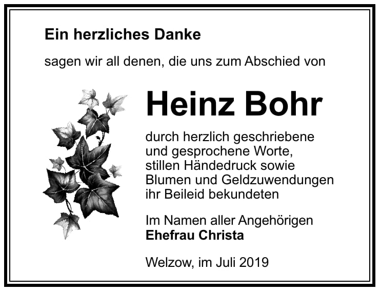 Traueranzeige Heinz Bohr