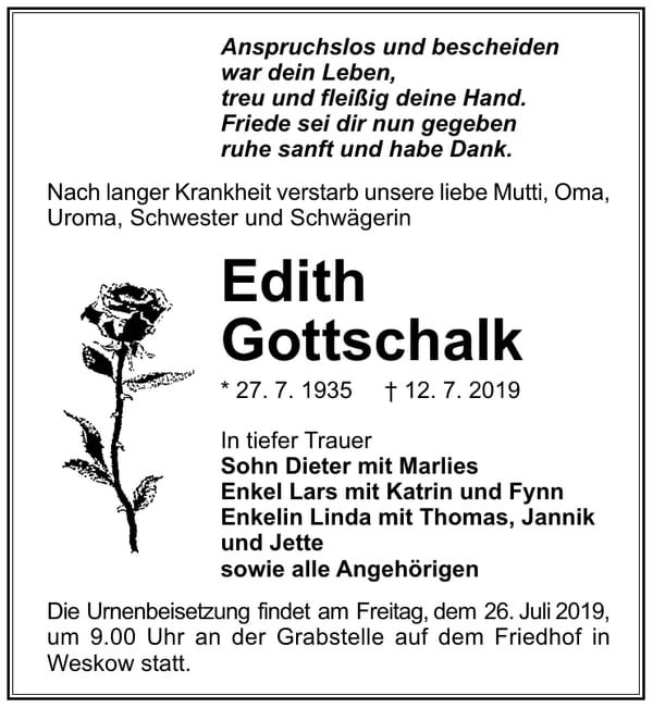Traueranzeige Edith Gottschalk