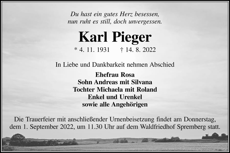 Traueranzeige Karl Pieger