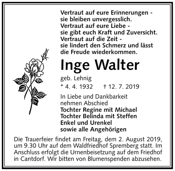 Traueranzeige Inge Walter, geb. Lehnig