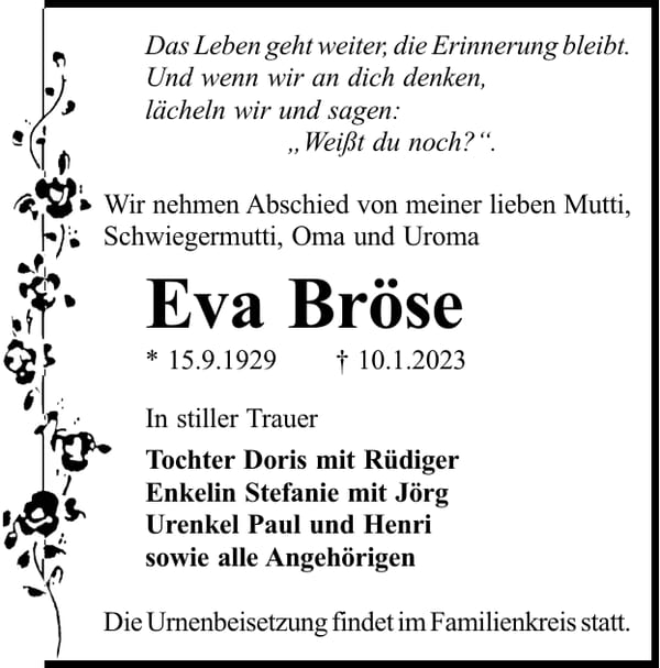 Traueranzeige Eva Bröse