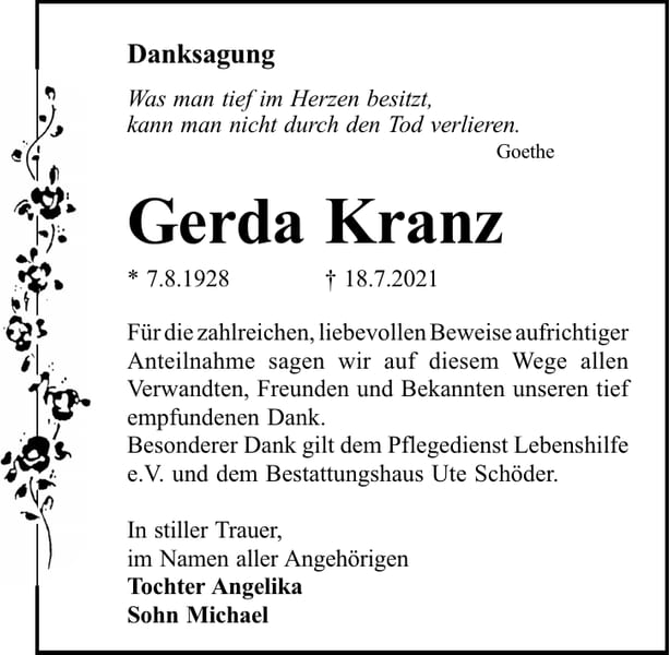 Danksagung Gerda Kranz