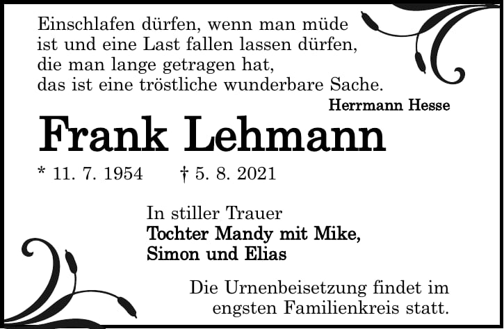 Traueranzeige Frank Lehmann